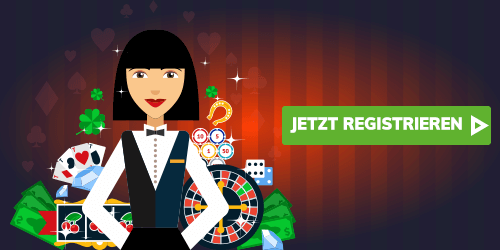 Casino Figur mit Karten und Chips neben Registrieren Button